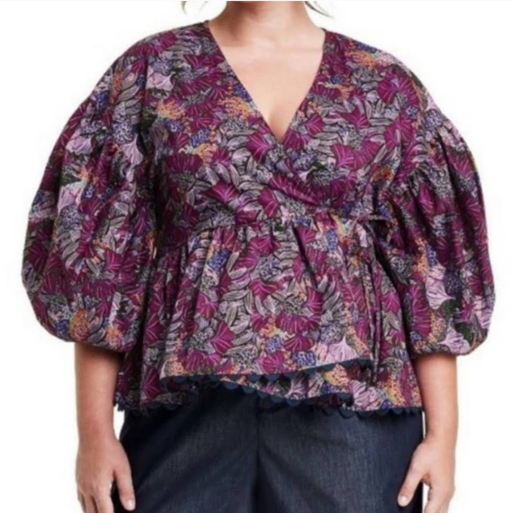 Kika Vargas Purple Floral Puff Sleeve Wrap Blouse